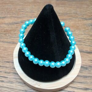 Vintage Turquoise Blue Faux Pearl Beaded Bracelet Barrel Screw Clasp VG